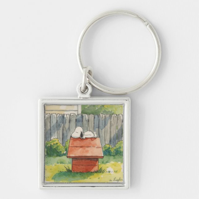 Watercolor Sleeping Dog on Red Doghouse Art Schlüsselanhänger (Vorne)
