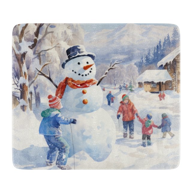 Watercolor Snorman Winter Christmas Village Schneidebrett (Vorderseite)