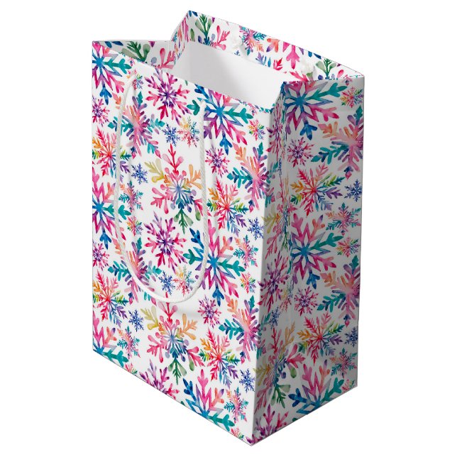 Watercolor Snowflakes Pattern Mittlere Geschenktüte (Rückseite Schrägansicht)