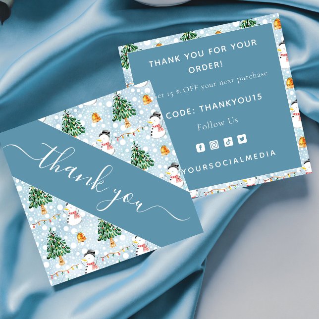 Watercolor Snowman Christmas Tree Blue Danke Quadratische Visitenkarte (Von Creator hochgeladen)