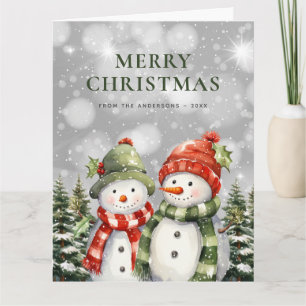 Watercolor Snowman Poinsettia Frohe Weihnachten Karte