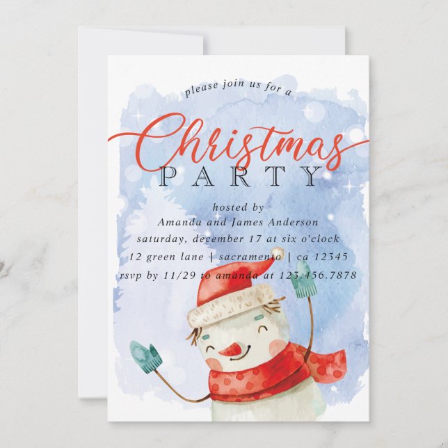 Watercolor Snowman Weihnachts-Party Einladung (Vorderseite)