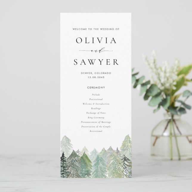 Watercolor Snowy Evergreen Woodland Winter Wedding Programm (Stehend Vorderseite)