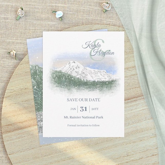 Watercolor, Snowy Mountain, Winter Wedding Einladung (Mt. Rainier, Snow mountains, forest wedding save our date card, light green dusty blue)