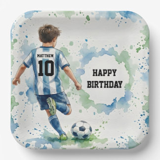 Watercolor Soccer Boy Birthday Blue Pappteller