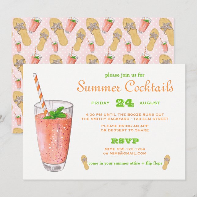 Watercolor-Sommer-Cocktail-Party Einladung (Vorne/Hinten)