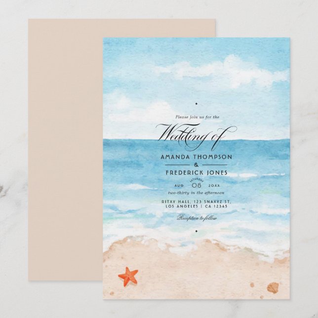 Watercolor Sommerstrand Hochzeitseinladung Einladung (Vorne/Hinten)