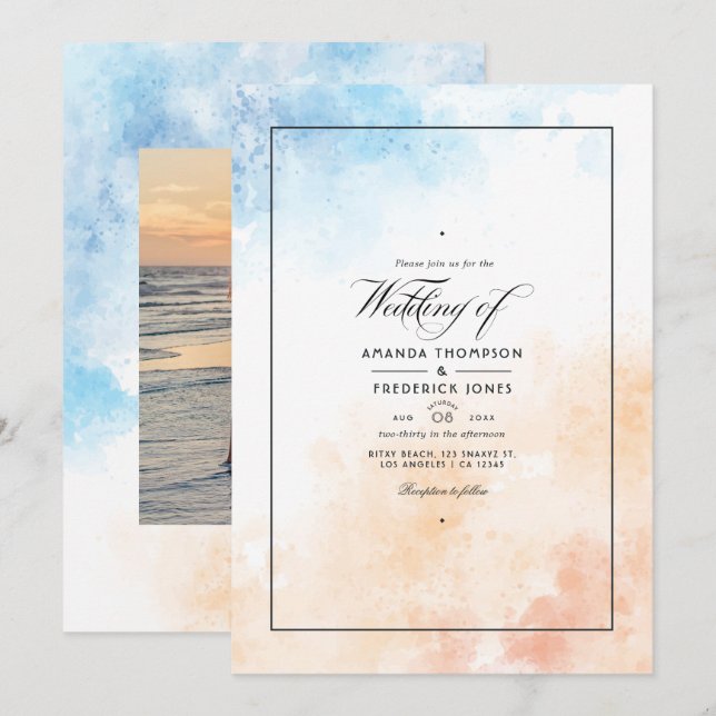 Watercolor Sommerstrand Hochzeitseinladung Einladung (Vorne/Hinten)