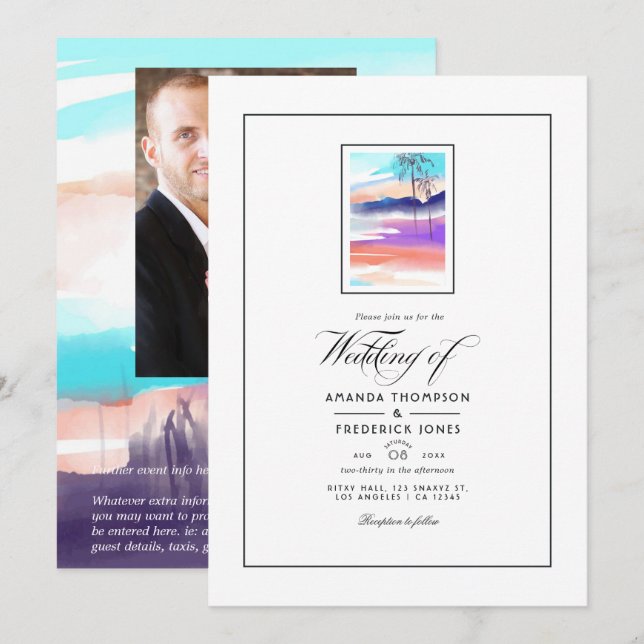 Watercolor Sommerstrand Hochzeitseinladung Einladung (Vorne/Hinten)