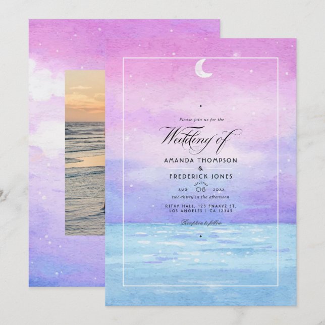 Watercolor Sommerstrand Hochzeitseinladung Einladung (Vorne/Hinten)