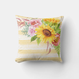 Watercolor-Sonnenblume-Pfingstrosen-Rosen-Streifen Kissen