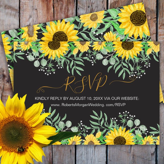 Watercolor Sonnenblumen Hochzeitsseite Schwarz RSVP Karte (Von Creator hochgeladen)