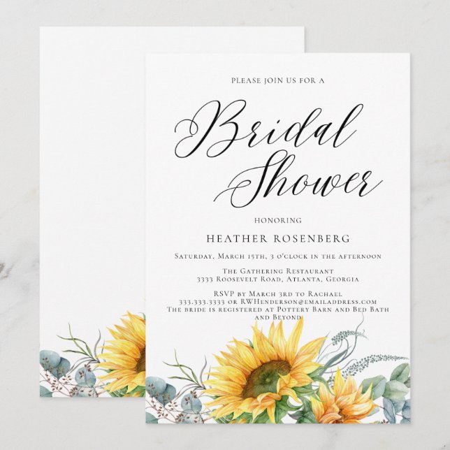 Watercolor Sonnenblumen-Skript Hochzeitsschreiben  Einladung (Vorne/Hinten)