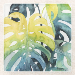 Watercolor-Sonnenuntergang-Palme-Blätter Glasuntersetzer