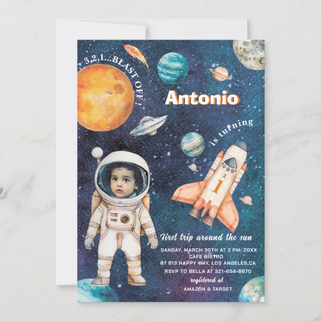 Watercolor Space Birthday Foto Einladung Baby S (Vorderseite)