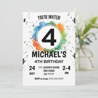 Watercolor Splash Boy 4th Birthday Einladung