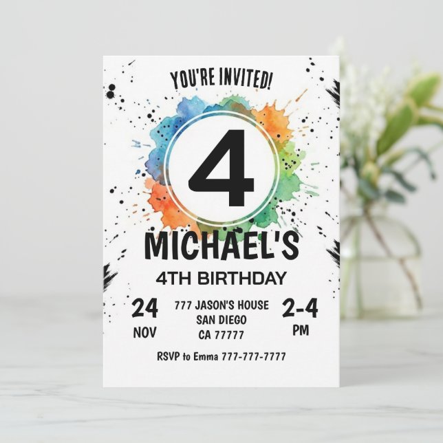 Watercolor Splash Boy 4th Birthday Einladung (Stehend Vorderseite)