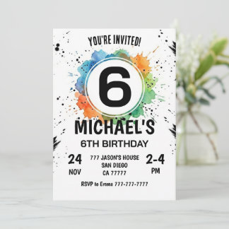 Watercolor Splash Boy 6th Birthday Einladung