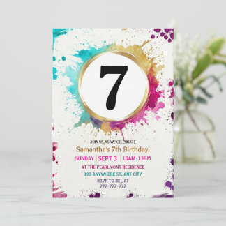 Watercolor Splash Boy 7th Birthday Party Einladung