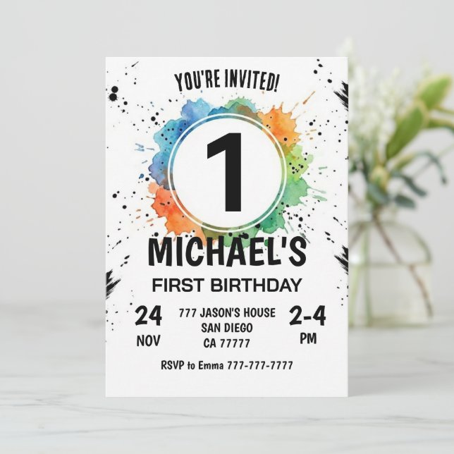 Watercolor Splash Boy First Birthday Einladung (Stehend Vorderseite)