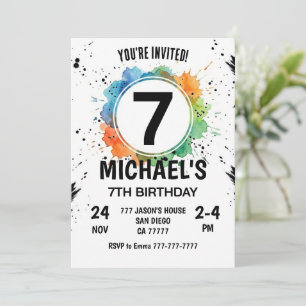 Watercolor Splash Junge 7. Geburtstag Einladung