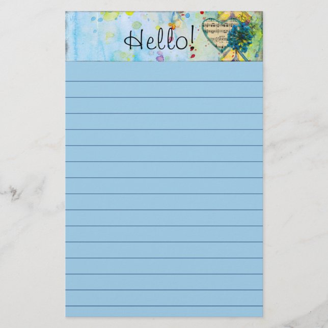 Watercolor Splash Sheet Music Heart Lined Briefpapier (Vorderseite)