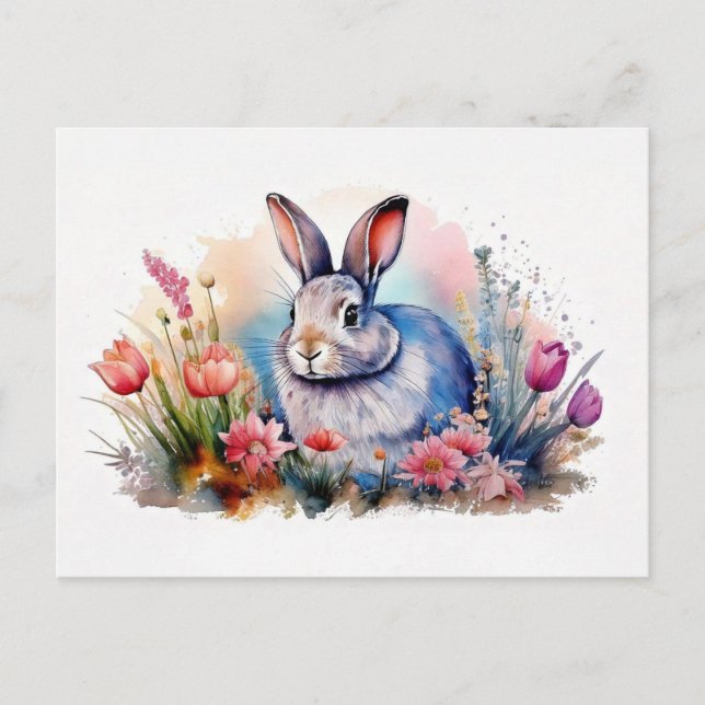 Watercolor Spring Bunny Postcard - Floral Rabbit Postkarte (Vorderseite)