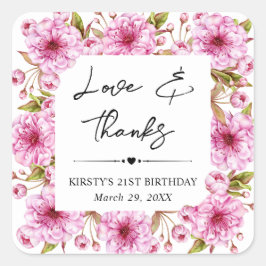 Watercolor Spring Cherry Blossom Geburtstagsparty Quadratischer Aufkleber