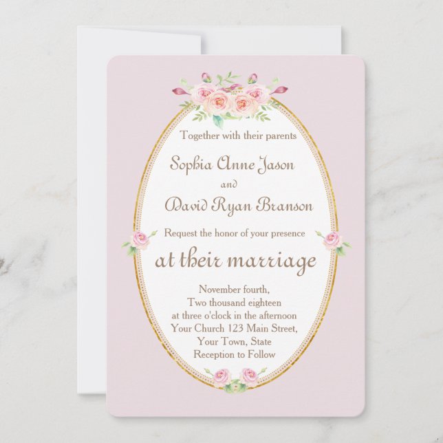 Watercolor Spring Floral Gold Hochzeit Einladung (Vorderseite)