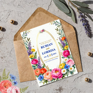 Watercolor Spring flowers Wedding Invitation Card Einladung