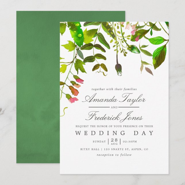 Watercolor Spring Foliage Wedding Einladung (Vorne/Hinten)
