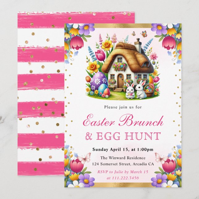 Watercolor Spring Rabbits House Osterbrunch Einladung (Vorne/Hinten)