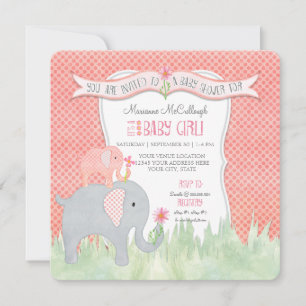 Watercolor Square Niedlich Girl Baby Dusche Elefan Einladung