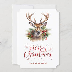 Watercolor Stag Greenerie Snowflake Weihnachtskart Feiertagskarte