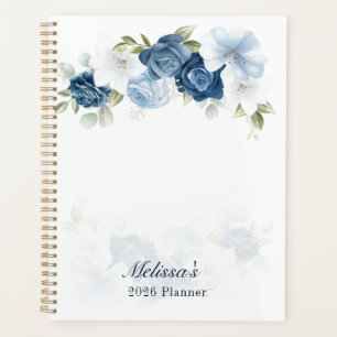 Watercolor Staubblau Blumen 2026 Planer