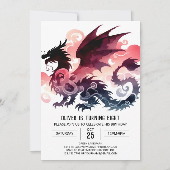 Watercolor Stilvolle Dragon Birthday Einladung (Vorderseite)