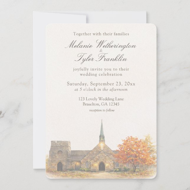 Watercolor Stone Chapel Fall Wedding Invitation (Devant)