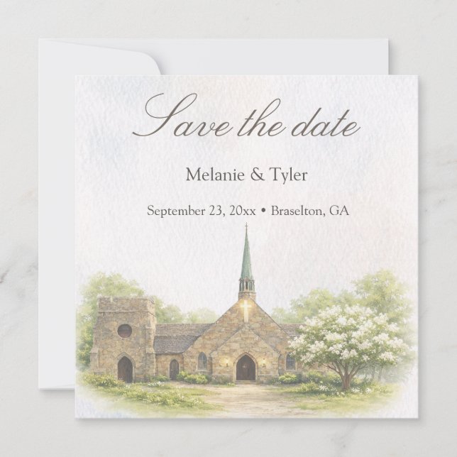 Watercolor Stone Chapel Save the Date Card (Vorderseite)