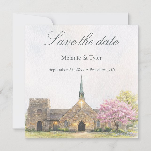 Watercolor Stone Chapel Spring Save the Date Card (Vorderseite)