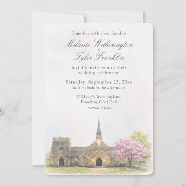Watercolor Stone Chapel Spring Wedding Photo Einladung (Vorderseite)