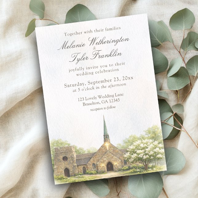 Watercolor Stone Chapel Summer Wedding Invitation Einladung (Frost chapel summer wedding invite, watercolor stone chapel)