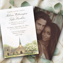 Watercolor Stone Chapel Wedding Photo Invitation Einladung