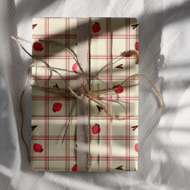 Watercolor Strawberries on Pink Plaid – Valentine Geschenkpapier Set (Von Creator hochgeladen)