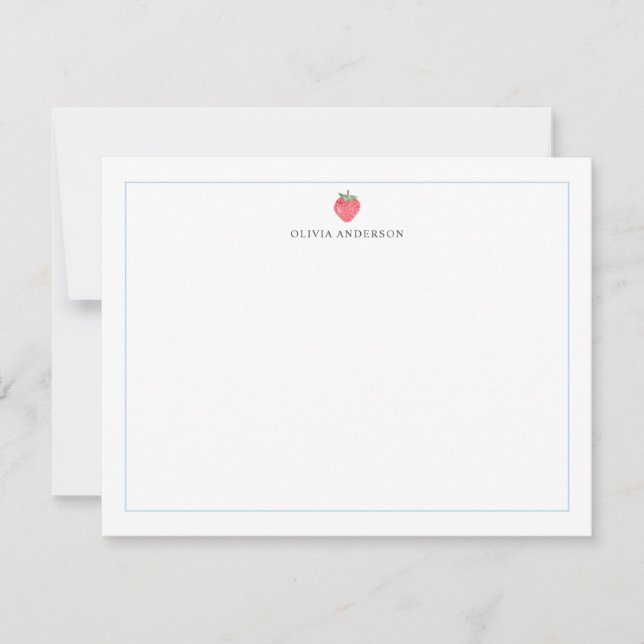 Watercolor Strawberry Blue Border Personalized Mitteilungskarte (Vorderseite)