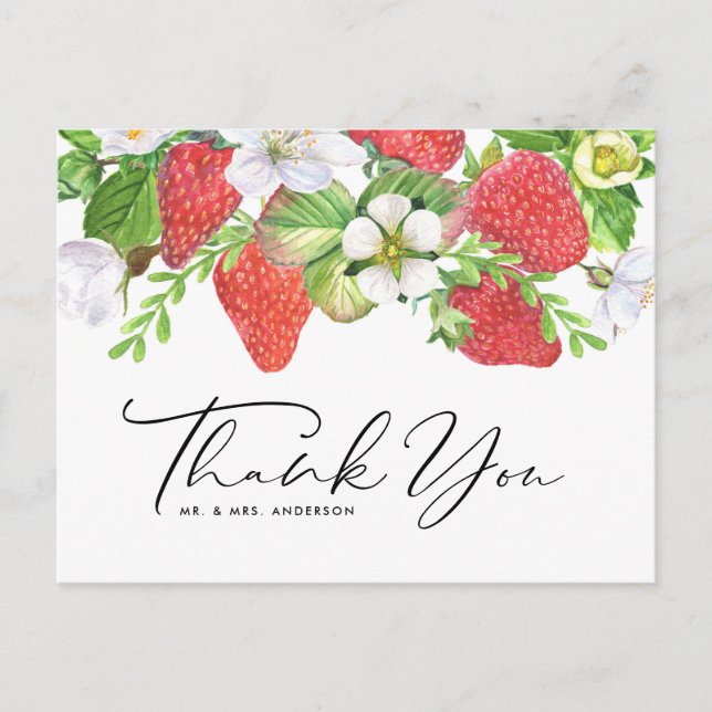 Watercolor Strawberry Summer Wedding Vielen Dank Postkarte (Vorderseite)