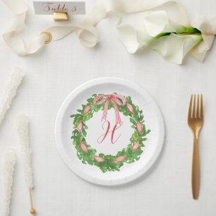 Watercolor Strip Bow Wreath Christmas Monogram Pappteller
