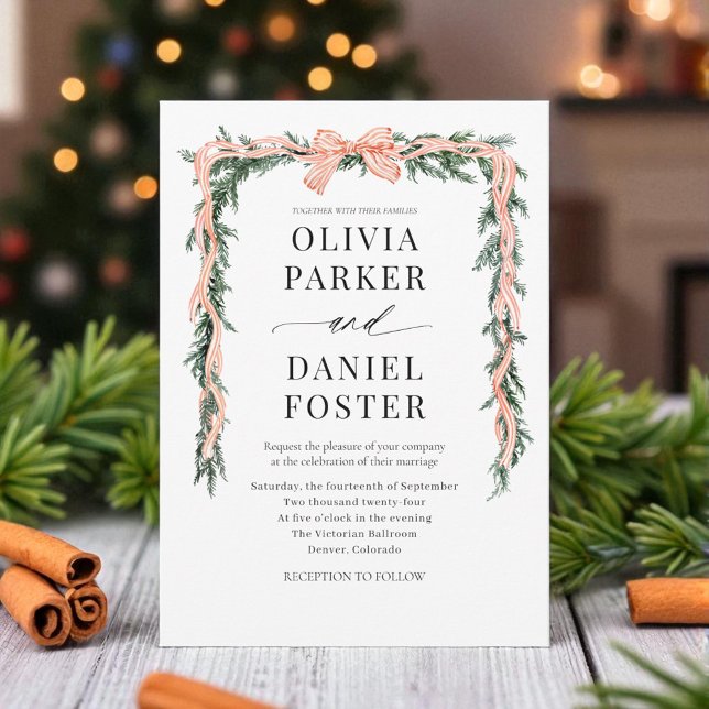 Watercolor Striped Red Bow Christmas Greenery Einladung (Von Creator hochgeladen)