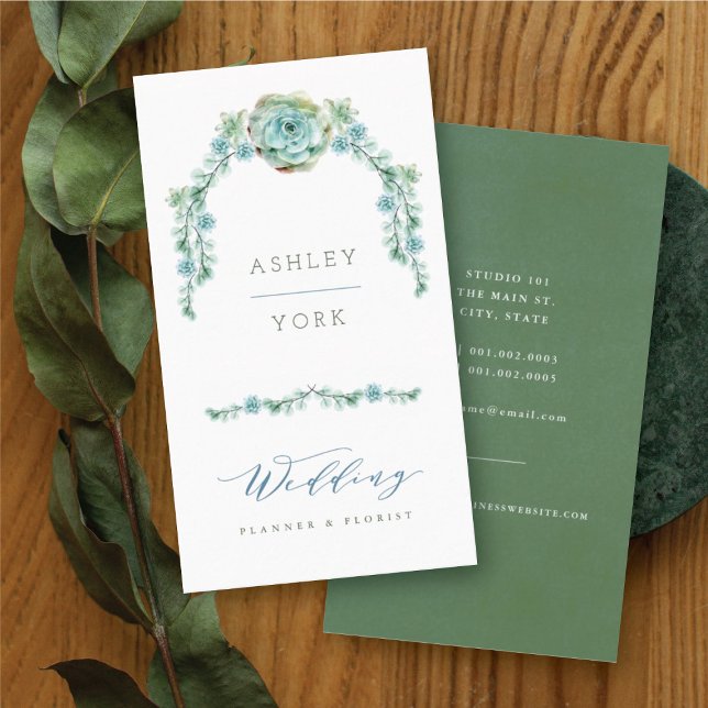 Watercolor Sukkulent Blumengarten Hochzeitsplaner Visitenkarte (Watercolor Succulent Floral Garden Wedding Planner Business Card @ fatfatin_blue_knot)