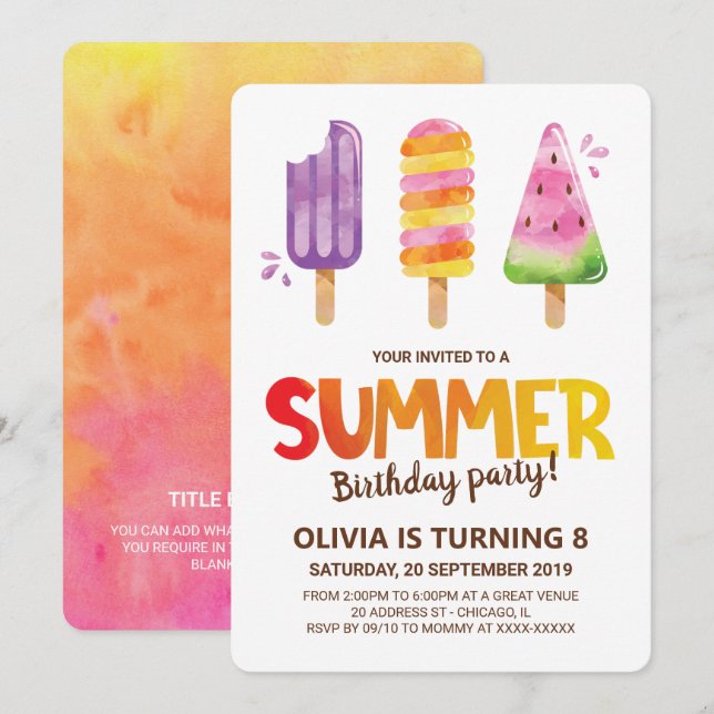 Watercolor Summer Birthday Party Einladung (Vorne/Hinten)