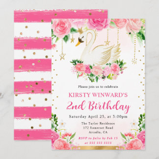 Watercolor Summer Pink Roses Swan Birthday Einladung